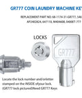 GR777 Coin Laundry Machine Key Set featuring GR777 key and lock cylinder for Speed Queen machines in coin laundry.