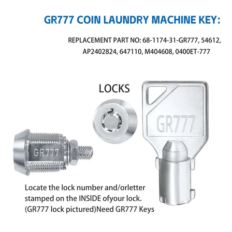 GR777 Coin Laundry Machine Key Set featuring GR777 key and lock cylinder for Speed Queen machines in coin laundry.