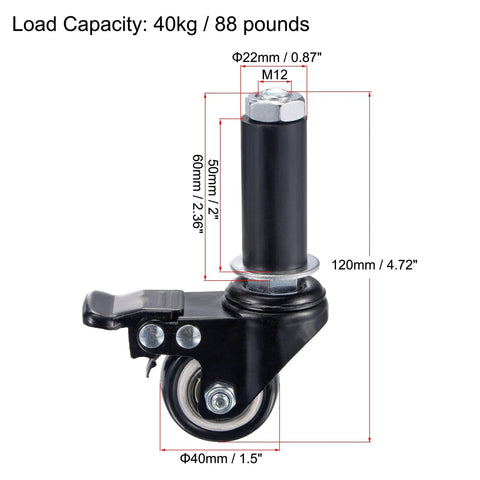 Pack Of Four 1.5 Inch Swivel Casters With Brakes Offering A Pro Move Smooth Rolling Pvc Wheel Upgrade Expanding Stem Fits 7/8 Inch Pipe Leg Handles 88 Lbs Heavy Lifting No Sweat For Kitchen Tables And Shop Gear showing size and load capacity details.