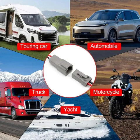 2 Pin Waterproof Automotive Connector With 12 AWG Cable Wire shown alongside various vehicles including truck, yacht, and motorcycle