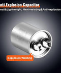 Exploded view of anti-explosion capacitor for condenser fan motor, showcasing metal construction and terminals. Compatible with various HVAC systems.