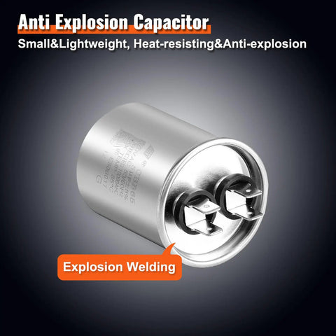 Exploded view of anti-explosion capacitor for condenser fan motor, showcasing metal construction and terminals. Compatible with various HVAC systems.