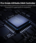 Pro-Grade ASMedia 2464 controller chip on a circuit board, part of the Blazing 40Gbps M.2 NVMe SSD Enclosure with Active Cooling.