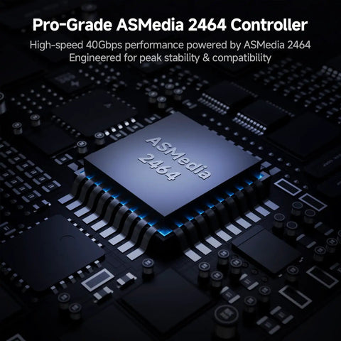 Pro-Grade ASMedia 2464 controller chip on a circuit board, part of the Blazing 40Gbps M.2 NVMe SSD Enclosure with Active Cooling.