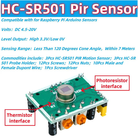 Three Pack HC SR501 PIR Motion Sensor Module showing circuit board with interfaces for Raspberry Pi Arduino DIY projects.