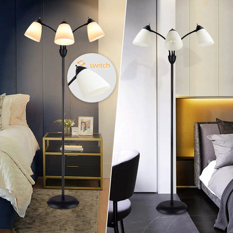 Three Light Modern Reading Floor Lamp With Adjustable Gooseneck 360 Degree Omnidirectional Lighting Great For Living Room Bedroom Study Or Office Black Metal Stand White Shade E26 Base Lit Task Lighting For Any Space in bedroom and living room.