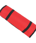 Rolled red canvas Multifunctional Chef Knife Roll Bag With 20 Slots For Home Kitchen Travel And Camping, secured with black straps.
