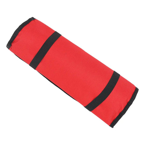 Rolled red canvas Multifunctional Chef Knife Roll Bag With 20 Slots For Home Kitchen Travel And Camping, secured with black straps.