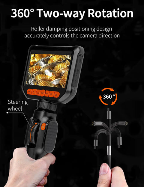 Two Way Articulating Borescope With 1080P HD Endoscope Camera and 8 LED lights shown with 360-degree rotation capability.