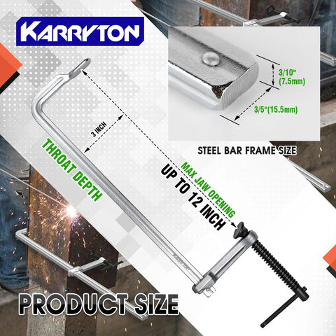 Front view of KARRYTON 4-pack 12-inch F-clamps with 3-inch throat depth, 5/8x5/16 bar size, 600 lb clamping force