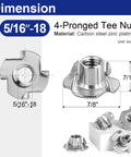 50 Pack 5/16-18 T Nuts For Wood Zinc Plated Carbon Steel 4 Prong Tee Nuts shown with dimensions and close-up details.