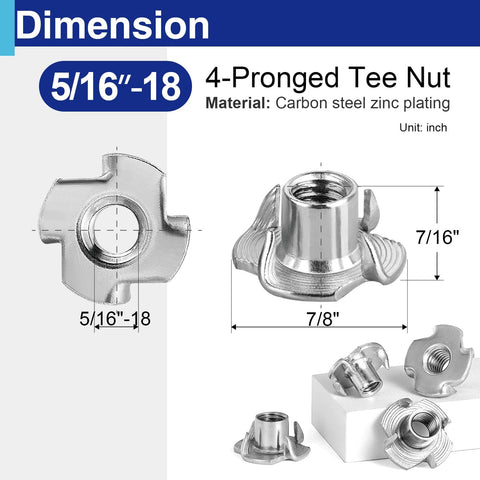 50 Pack 5/16-18 T Nuts For Wood Zinc Plated Carbon Steel 4 Prong Tee Nuts shown with dimensions and close-up details.