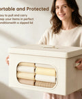 Large Cotton Linen Storage Bins With Lids 2 Pack Closet Organizer Keep Your Room Chill And Tidy showing woman holding beige storage bin with folded items visible.