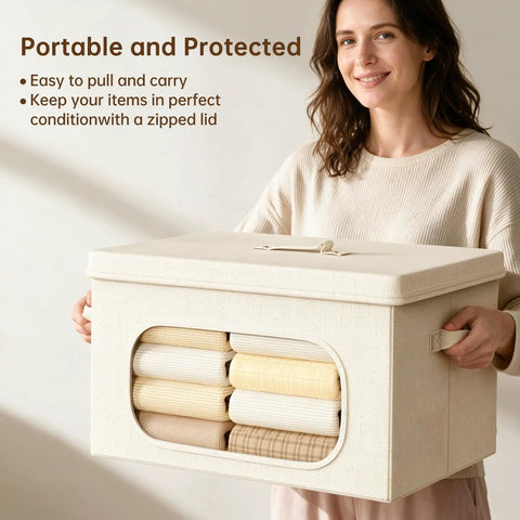 Large Cotton Linen Storage Bins With Lids 2 Pack Closet Organizer Keep Your Room Chill And Tidy showing woman holding beige storage bin with folded items visible.