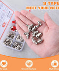 Hand holding 70 Pcs Metric Hydraulic Grease Fittings Kit M6 M8 M10 Straight 45 Degree 90 Degree Angled Zerk Fittings with Cap.