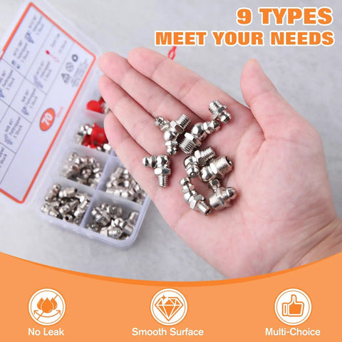 Hand holding 70 Pcs Metric Hydraulic Grease Fittings Kit M6 M8 M10 Straight 45 Degree 90 Degree Angled Zerk Fittings with Cap.