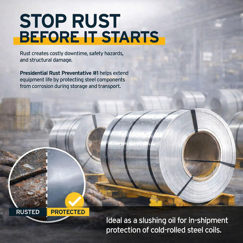 Cold-rolled steel coils in an industrial warehouse with rust prevention graphic overlay.