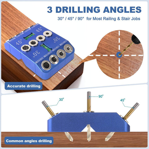 Angle Drill Guide Jig Kit With Fixed 30 Degree 45 Degree And 90 Degree Angles Portable Doweling Jig in use on wood post
