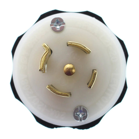 Top view of Heavy Duty Locking 20 Amp Plug NEMA L21-20P 4 Pole 5 Wire Connector with solid brass contacts and nylon body.