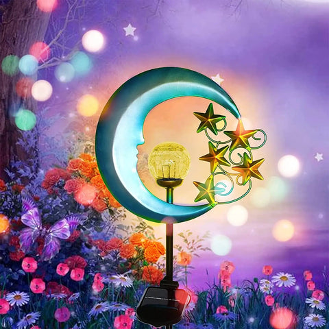 Stars Moon Solar Lights Outdoor Garden Decor Crackle Glass Globe Led Waterproof Landscape Lighting for Pathway Yard Lawn and Patio