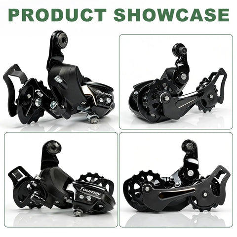 Rear Derailleur RD TY300 six and seven speed direct mount, four views showing crisp shifting long cage design for versatile rides