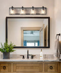 Bathroom with Four-Light Farmhouse Vanity Light Over Mirror With Bubble Glass Shades, Rustic Gray Wood-Look Metal Backplate