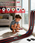 Child playing with Hot Wheels Compatible 15 Ft Flexible Race Track Starter Set With Sturdy Suction Cups Rolls Up Portable Wall Ramp And Spiral Track For 1 64th Scale Diecast Cars Kid Friendly Red And Black on a sunny living room floor.