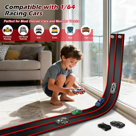 Child playing with Hot Wheels Compatible 15 Ft Flexible Race Track Starter Set With Sturdy Suction Cups Rolls Up Portable Wall Ramp And Spiral Track For 1 64th Scale Diecast Cars Kid Friendly Red And Black on a sunny living room floor.