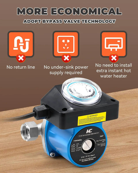 Hot Water On Tap Recirculation System For Tank Heaters With Adjustable 68 To 118 Degree Bypass Valve showing compact valve and timer design.