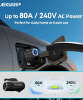 Tesla To J1772 80A EV Charger Adapter For Level 2 Charging connected to a car showing 80A and 240V AC power details