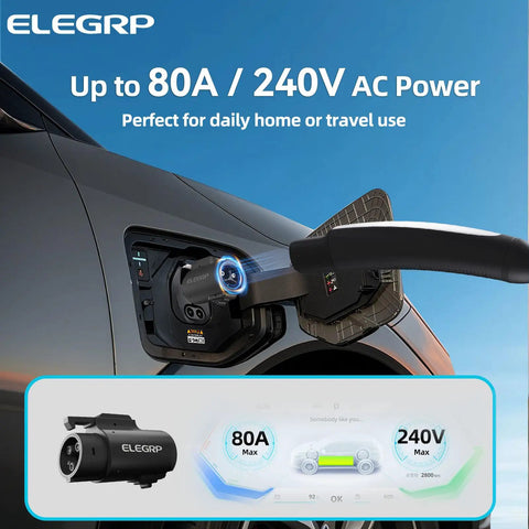 Tesla To J1772 80A EV Charger Adapter For Level 2 Charging connected to a car showing 80A and 240V AC power details