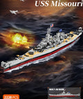 Missouri BB 63 WW2 Battleship Build Kit With 2228 Pieces showcasing warship on ocean backdrop with plane figures above
