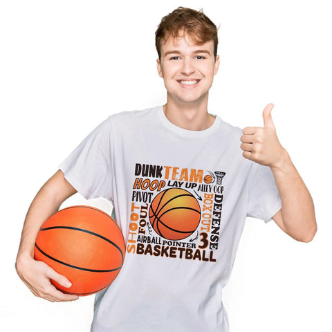 Teen wearing white t-shirt with Basketball Iron On Transfer Patches Set Four Designs For Kids Teens Shirts and holding basketball.