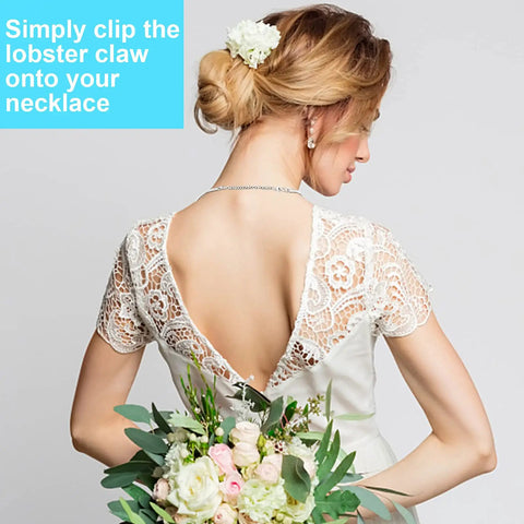 Model with bridal hairstyle wearing 12 Piece Necklace Extender Set Stainless Steel Silver Tone, showcasing easy clip on fit.
