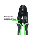 Workhorse Heavy Duty Ratcheting Wire Crimper For Stranded Copper Cable featuring adjustable dial for force control.
