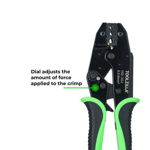Workhorse Heavy Duty Ratcheting Wire Crimper For Stranded Copper Cable featuring adjustable dial for force control.