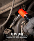 Quarter Inch Drive Magnetic Impact Socket Set in use on car engine, demonstrating Cr-Mo alloy steel durability and high torque application.