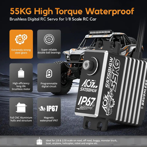 Beefy 55Kg Waterproof Brushless RC Servo Motor For 1 By 10 And 1 By 8 Scale Rigs, programmable winch mode, on display.