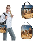 Woman holding Desert Camel Insulated Lunch Bag with detachable handle, camel print, leakproof cooler tote for work and travel