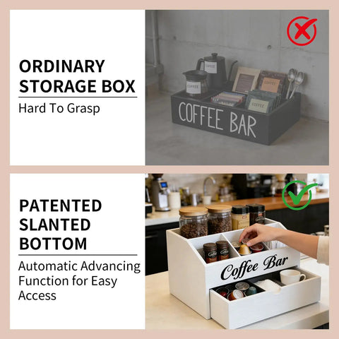 Comparison of ordinary storage box and Two Tier Wooden Coffee Bar Organizer For Countertop With Dust Proof Drawer And Five Compartments