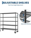 Heavy Duty Rolling Wire Shelving Cart With Five Adjustable Steel Shelves And Locking Swivel Wheels showing adjustable shelves for height.
