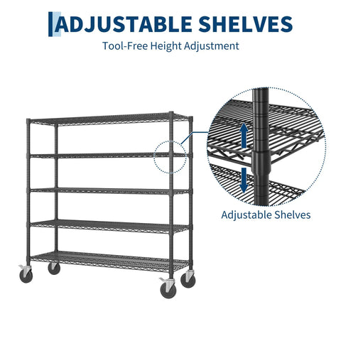 Rock Solid Heavy Duty 5 Tier Wire Shelving Rack On Rolling Casters With 3250 Lb Load Capacity For Garage Storage And Workshop Equipment Organization Adjustable height adjustable shelves with tool-free setup.