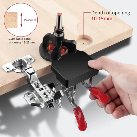 35mm Concealed Door Hinge Jig for Precise Cabinet Installations with Pro Grade Aluminum Frame shown in use on wooden panel