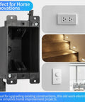 Old Work 1-Gang Black Electrical Box For Outlets And Dimmers, PVC Plastic 14 Cu In, ETL Listed, shown with installed outlets and lights