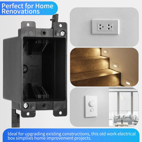 Old Work 1-Gang Black Electrical Box For Outlets And Dimmers, PVC Plastic 14 Cu In, ETL Listed, shown with installed outlets and lights