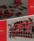 Before and after of 48 Inch Wall Mounted Power Tools Organizer Rack With Four Shelves Side Hooks And Drill Holders Heavy Duty Garage Workshop Storage For Up To 12 Tools Red, showcasing organized tools.