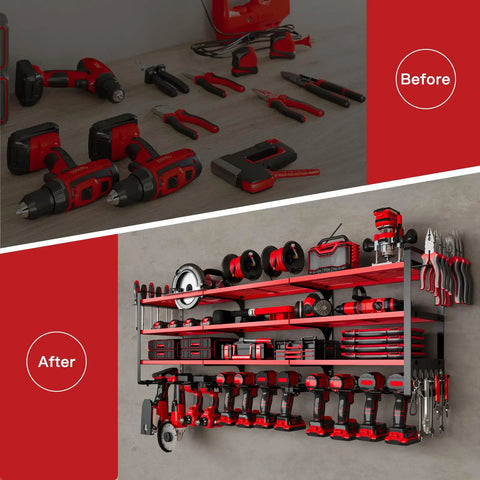 Before and after of 48 Inch Wall Mounted Power Tools Organizer Rack With Four Shelves Side Hooks And Drill Holders Heavy Duty Garage Workshop Storage For Up To 12 Tools Red, showcasing organized tools.