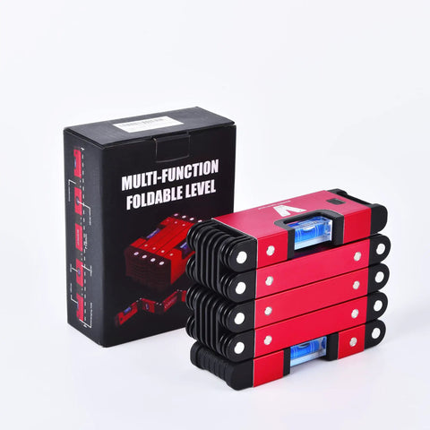 Foldable 28 Inch Magnetic Level With 45 90 180 Bubble Angles Pro Grade Hinged Measuring Tool clamped and packaged