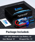 Beefy Pro-Grade 2S 6500mAh 7.4V RC Battery Hard Case With EC5 Connector 120C High-Discharge Power Pack Of 2 and package contents