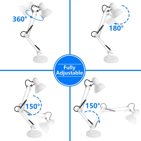 White metal desk lamp with swing arm showing 360° and 180° rotations, metal desk lamp with swing arm and clamp on base two in one desk or clip on light for bedroom study or office eye caring reading lamp for late night tasks and focused work surface up to two inches wide.
